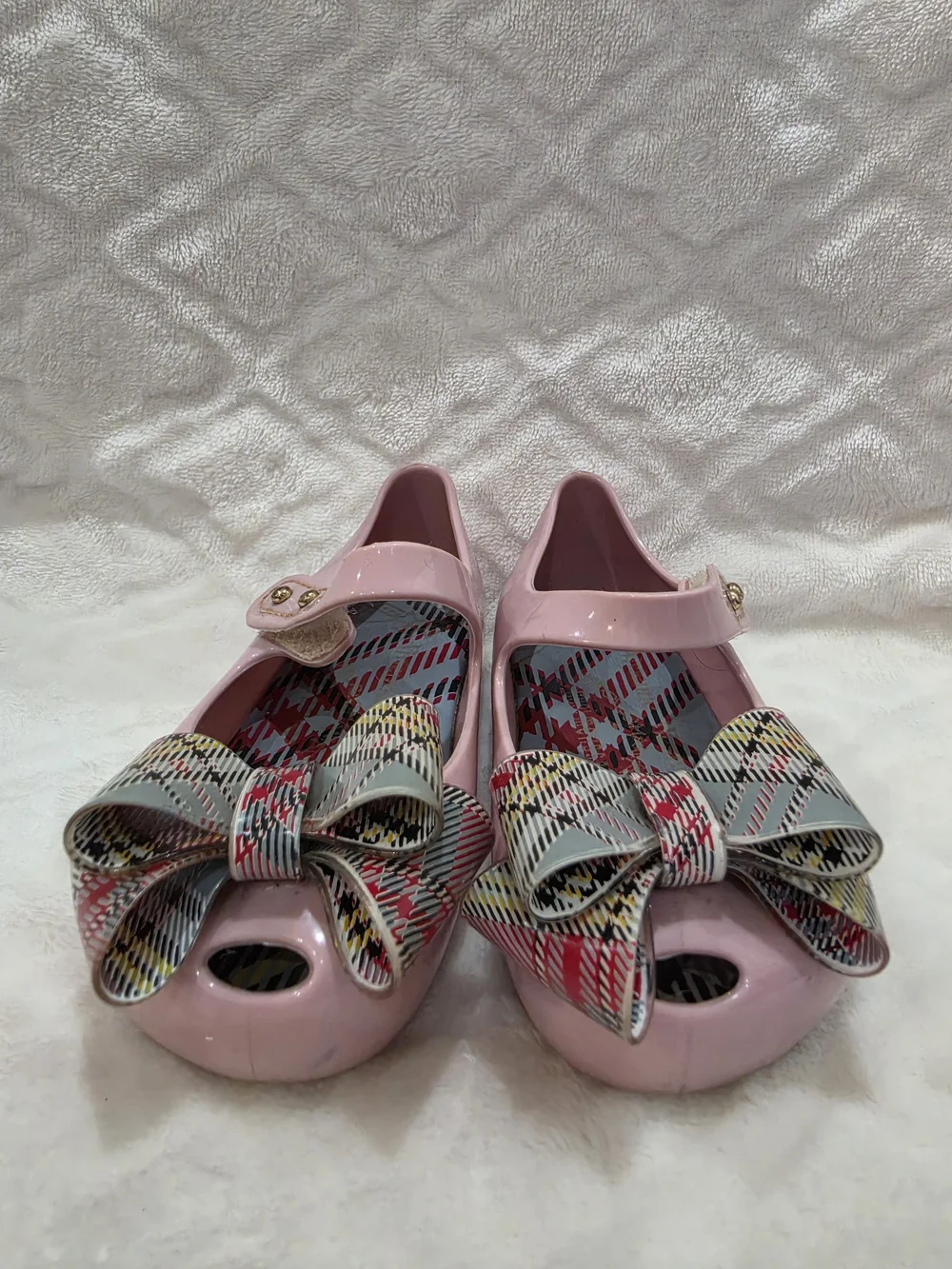 Mini Melissa Kids Sz 6 Toddler. Pre-loved. Pink w/Plaid Bow Mary Jane Flats